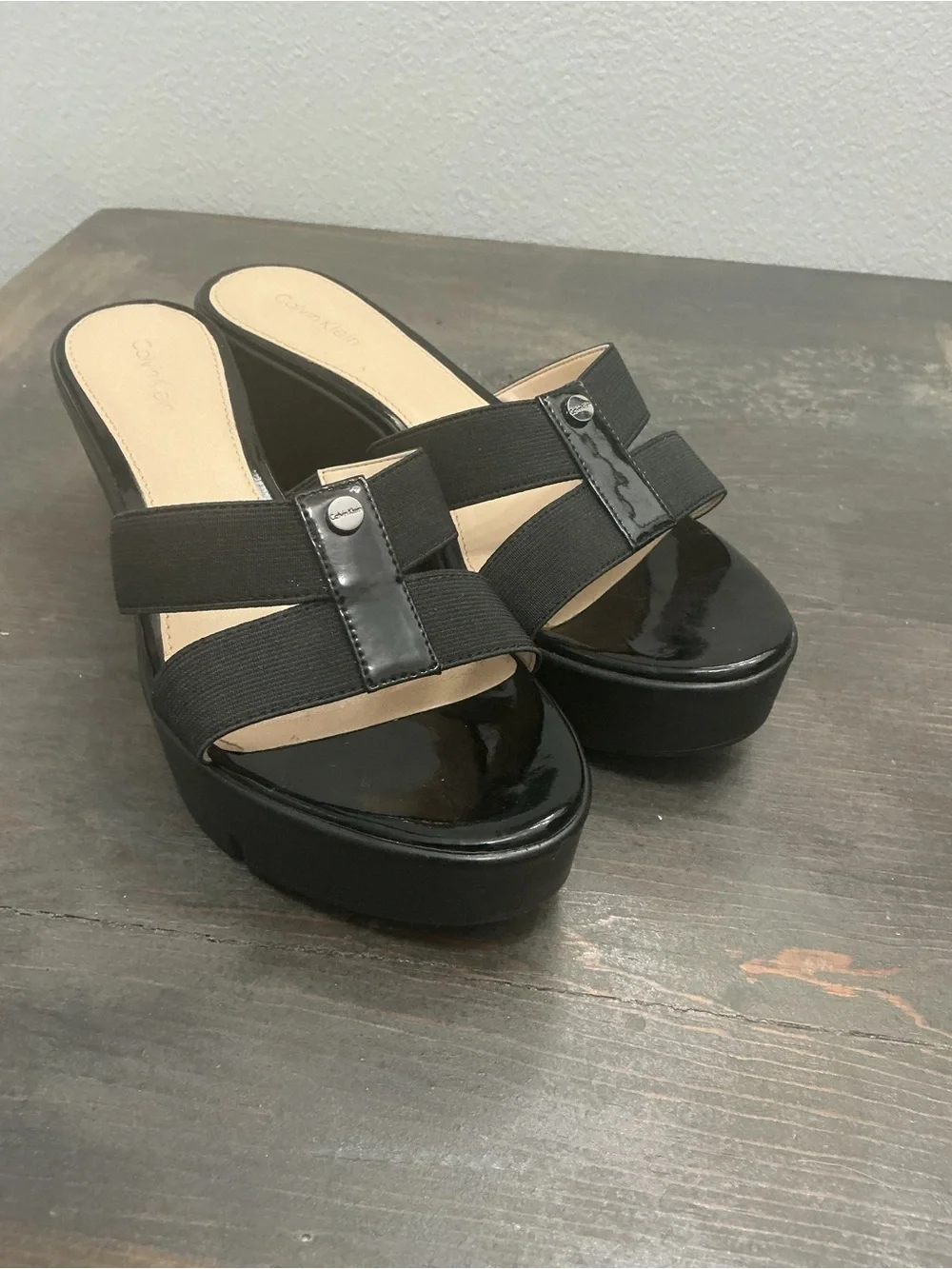 Calvin Klein Ying Black Stretchy Strap Platform Wedge Sandals Size 8.5